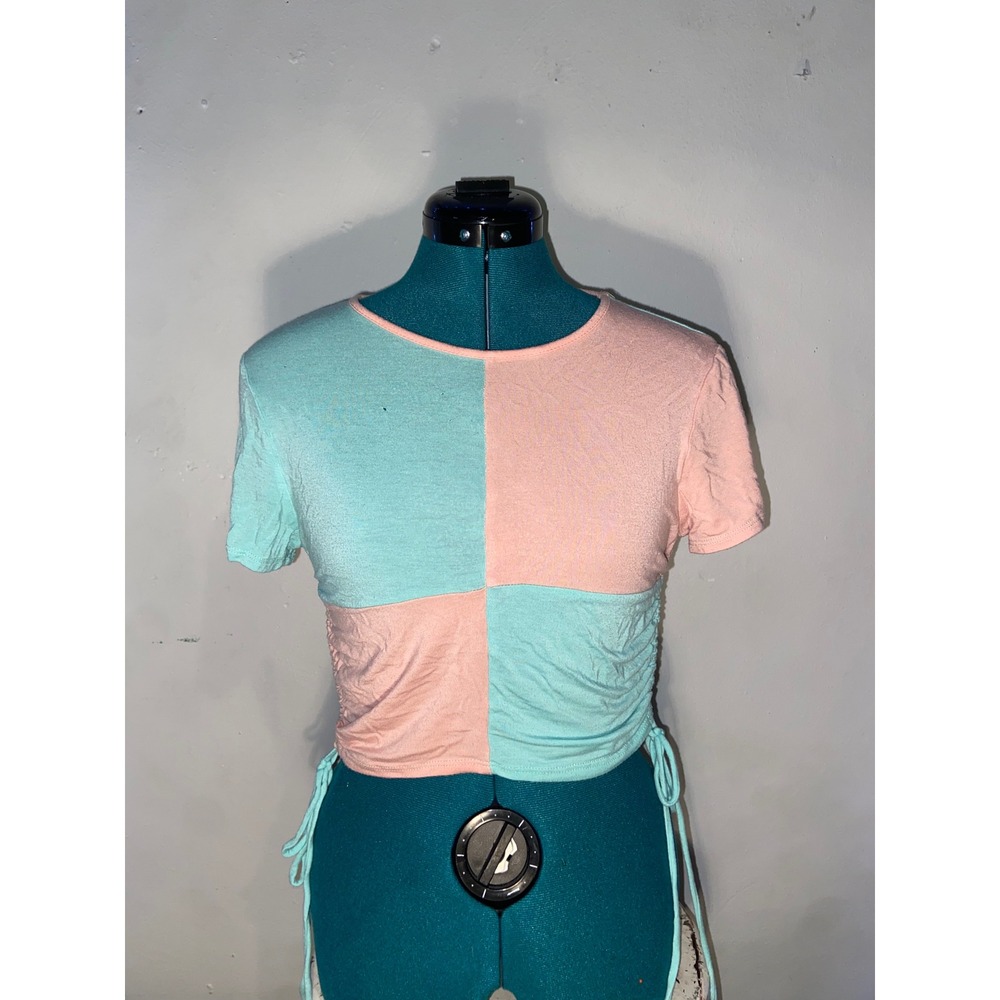 Y2K Kidcore Eclectic Pastel Colorblock Ruched Drawstring Crop Top Pink / Mint